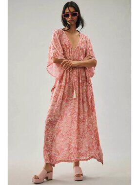 Rujuta Sheth Womens Relaxed V-neckline Kaftan One Size Pink Floral Pullover Boho